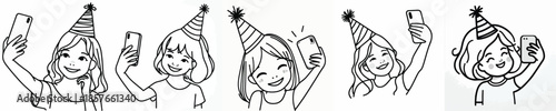 vector of a little girl taking a selfie at a New Year's party