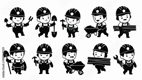 Cartoon Construction Workers in Black and White Silhouette.