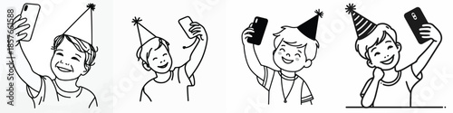 vector of a little boy taking a selfie at a New Year's party