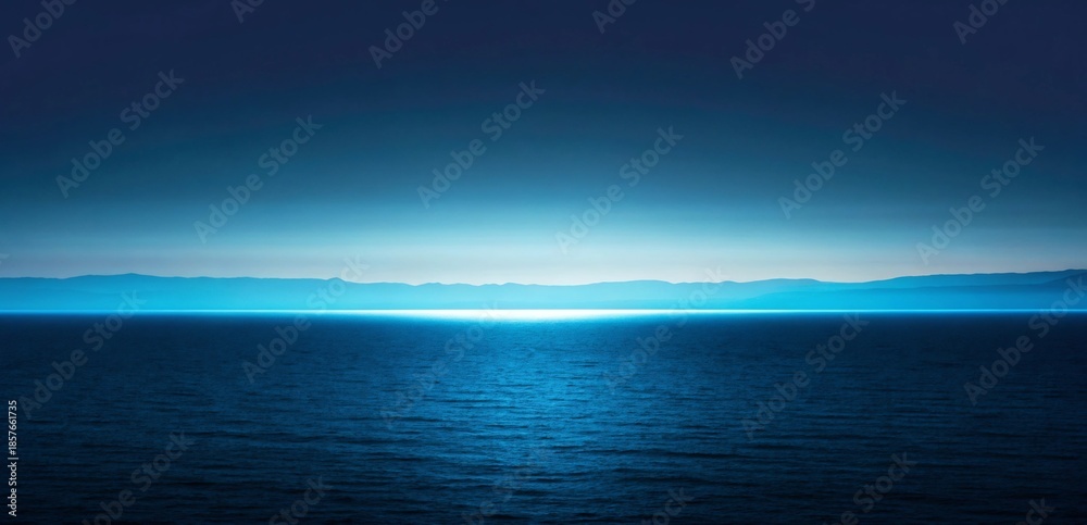 Fototapeta premium A breathtaking expanse of the deep blue ocean under a twilight sky, where the distant horizon glows with an ethereal light, creating a serene and timeless natural masterpiece