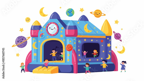 Bounce house vector illustration. Inflatable playhouse. Kids' party entertainment. Colorful bounce castle. Space themed bouncy castle. Children's fun activity. White background. Vector graphic.