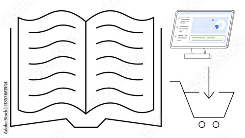 E-learning, educational resources, online shopping, digital content, web purchases, internet use. Open book, computer screen and shopping cart symbols. E-learning and educational resources concept