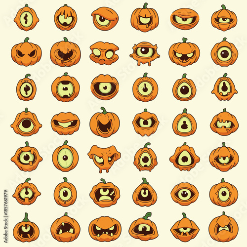 A diverse collection of cartoon Halloween pumpkin and monster faces with various spooky expressions.