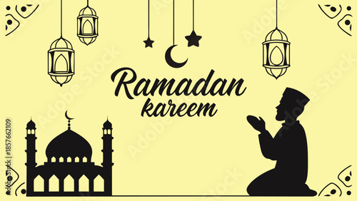 Ramadan Kareem Silhouette Illustration  Prayer Scene with Mosque and Lanterns