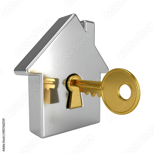 A silver house shaped object with a golden key inserted into its keyhole symbolizing home access