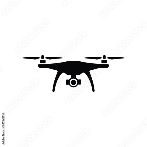 A simple black silhouette of a modern drone with four propellers