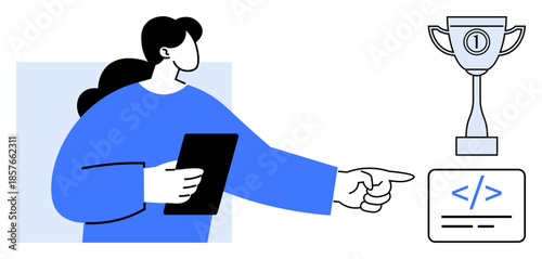 Coding success concept. Programmer celebrating coding success through skill development and goal achievement. Coding d as a career focus. For technology, education, innovation, and motivation