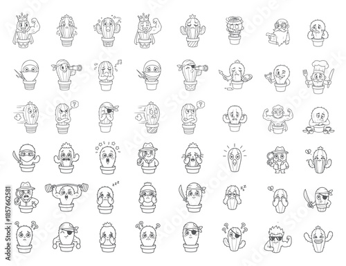 Wallpaper Mural Big Set of Funny and Cute Cartoon Cactus Characters in Pots, Vector Doodle Collection Torontodigital.ca