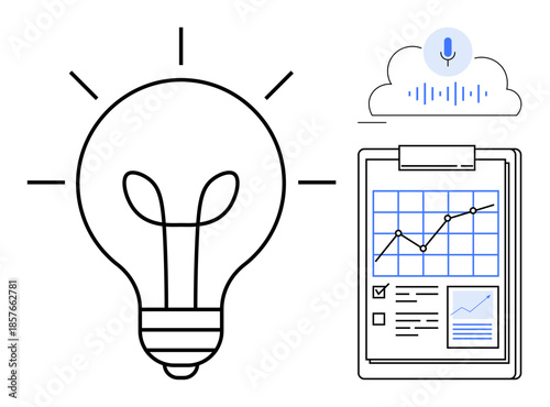 Innovation, data analysis, voice recognition, brainstorming, business growth, digital solutions. A light bulb, rising graph and voice cloud icon. Innovation and data analysis concept