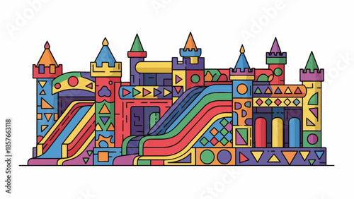 Colorful bounce house vector. Inflatable castle illustration. Kids party bouncy castle. Vector bouncy castle. Colorful inflatable playhouse. Bouncy castle design. Children's party inflatable. Vector