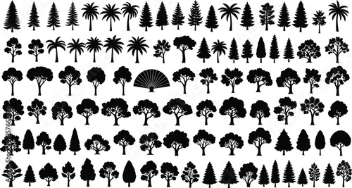 Large tree silhouette mega set featuring forest, palm, evergreen, deciduous, and ornamental trees isolated on white