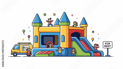 Inflatable bounce house. Colorful castle bouncy castle. Kids playing on inflatable slide. Bounce house vector. Inflatable play equipment. Children's party attraction. Bouncy castle for kids. Vector