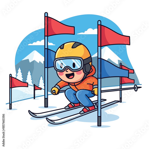 Cute illustration vector of a cheerful child skier navigating a bright slalom course on a snowy mountain.
