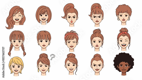 Diverse Cartoon Women Faces with Various Expressions and Hairstyles.