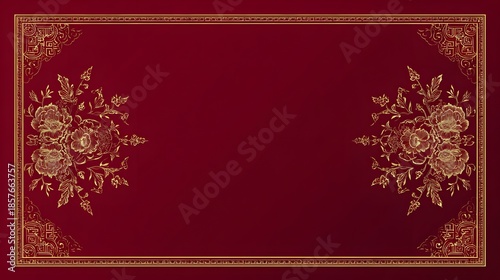 Ornamental Floral Design: A sophisticated and elegant design of ornate floral patterns in gold grace the rich red backdrop. This image embodies luxury and classic artistry.