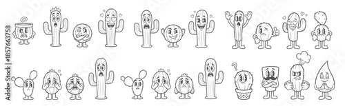 Cactus Emoticon Collection. Diverse Succulent Mascots Showing Various Emotions and Activities
