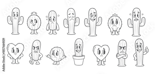 Cactus Emoticon Collection. Diverse Succulent Mascots Showing Various Emotions and Activities