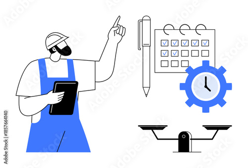 Project management, construction planning, workflow organization, time management, productivity, efficiency. Worker with a tablet pointing checklist, tools and clock. Project management