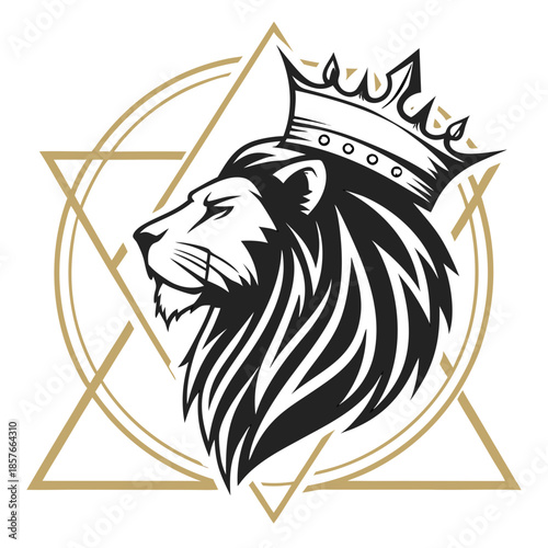 Majestic crowned lion head with a powerful gaze against an elegant geometric background