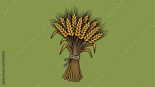 Golden wheat sheaf illustration, harvest bounty with stylized grain stalks tied with string against a solid green background