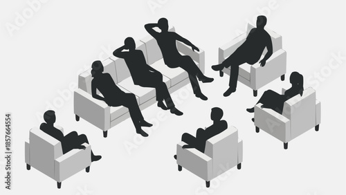 Group therapy session with people sitting on sofas and chairs.