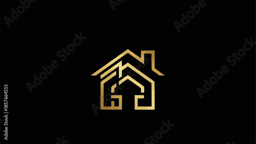 Golden abstract house logo design on black background.