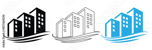 Modern city skyline with buildings in black, white, and blue,Office, hotel, city buildings set icon, vector illustration,Office Building icon sheet multiple style collection