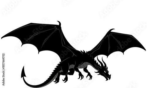 A dramatically silhouetted dragon soars with outstretched wings against a stark white background, offering a bold and graphic illustration