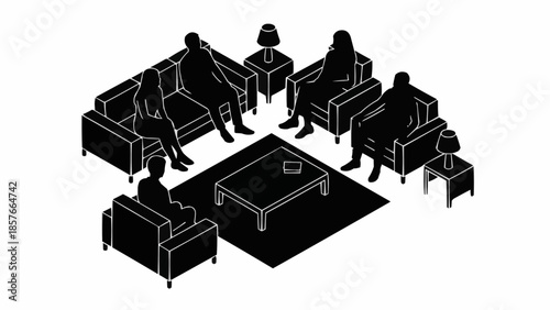 Group of people sitting in a circle in a modern living room setting.