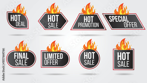 Set of hot sale and special offer labels with flame graphics