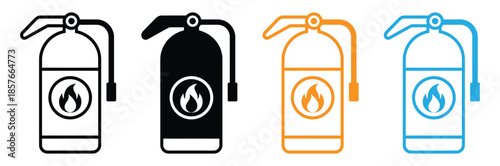 Fire extinguishers in black, white, orange, and blue colors,Fire extinguisher icon set.Fire extinguisher icon. Fire safety.vector illustration,
