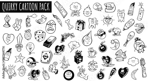 Quirky Cartoon Pack: A collection of quirky cartoon icons, each a unique illustration filled with character and charm.