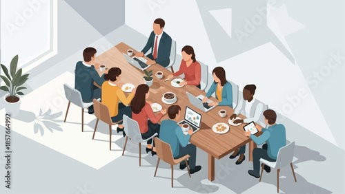 Diverse group of professionals gathered around a conference table for a meeting.