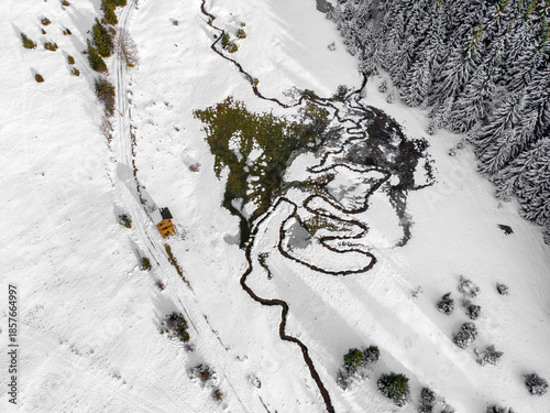 Fotografija Top down aerial view of Luznanka river meander in snowy landscape near Liptovska