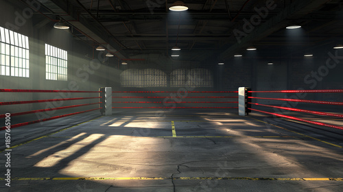 Abandoned boxing ring in dimly lit warehouse with red ropes