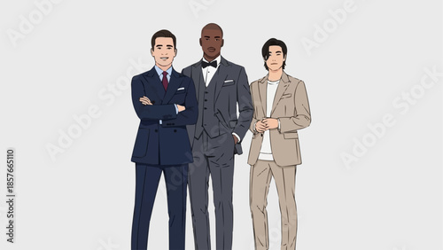 Three Men in Stylish Suits Standing Together.