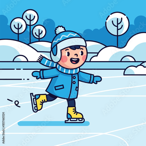 Joyful cute illustration vector of a child ice skating outdoors in a cool blue winter landscape.