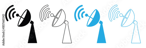 Satellite dishes in various colors and line styles communicating,Satellite dish icon flat and simple set design,Large satellite dish antenna receiver and transmitter