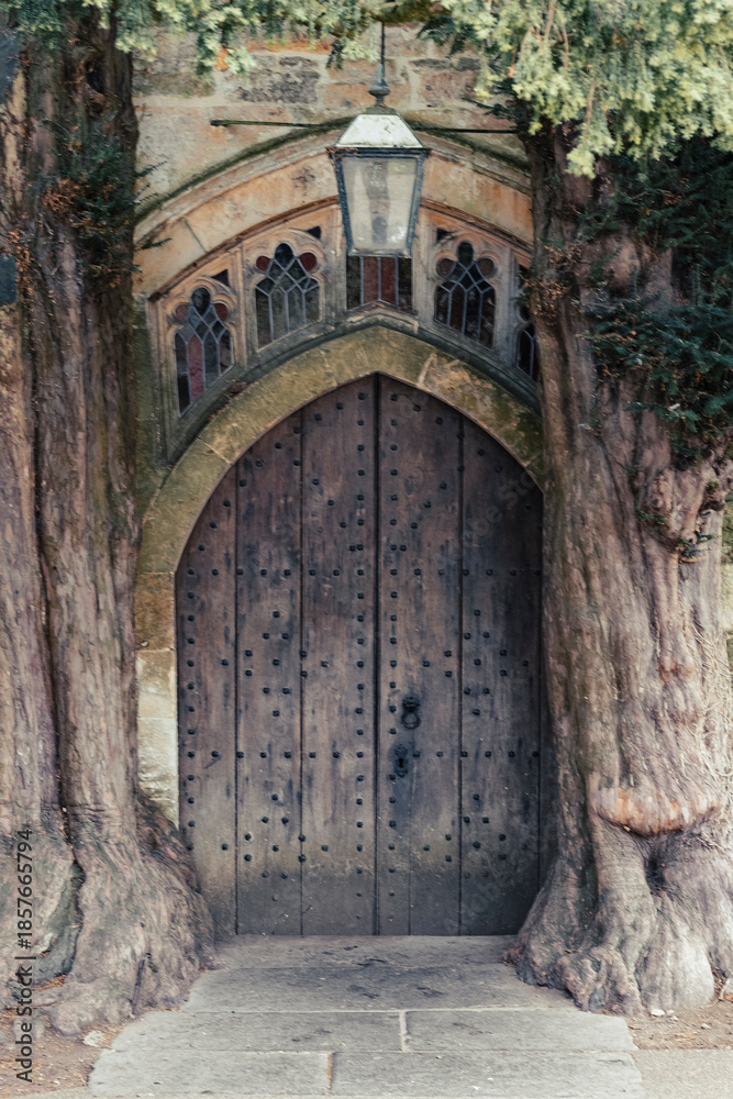 Fototapeta premium A dark, studded wooden door framed by two massive, ancient yew trees that form a natural arch in a famous landmark in the Cotswolds, Stow-on-the-Wold, St Edward's Church