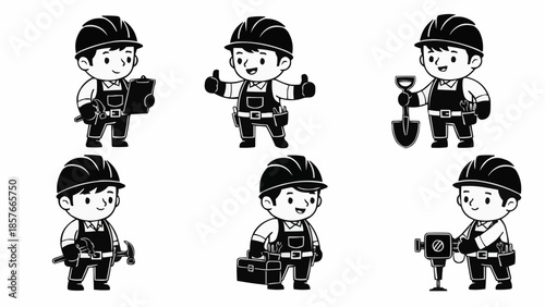 Cartoon Construction Workers - A Set of Diverse Poses and Tools.