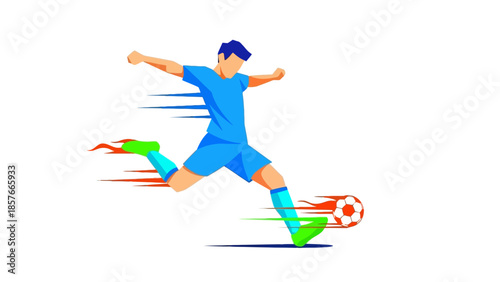 Dynamic illustration of a male soccer player striking a ball with powerful motion