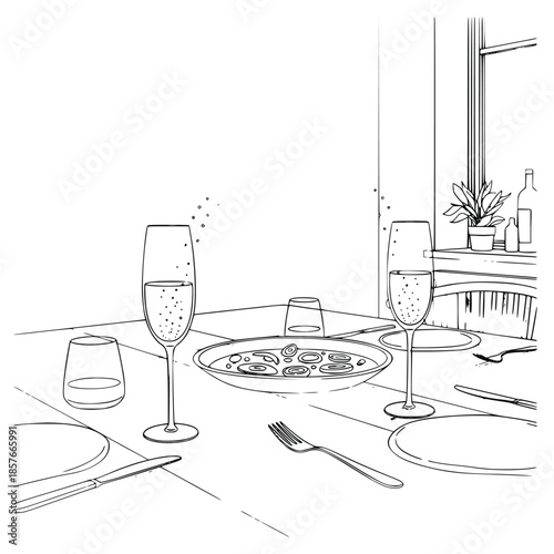 Elegant table setting featuring sparkling wine glasses and a beautifully prepared bowl of soup for dining.