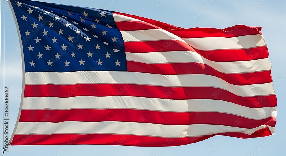 Fototapeta premium United states flag waving proudly in the wind against blue sky