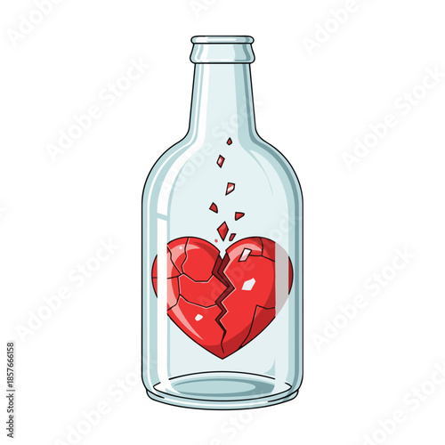 Broken heart in glass bottle. Shattered heart vector. Heartbreak symbol. Red heart pieces. Vector illustration on white background.