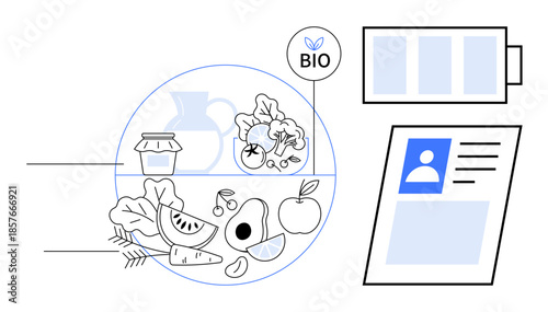 Sustainable living. Sustainable lifestyle connecting organic food choices, renewable energy sources, and eco-friendly identification. Sustainability promoting conscious practices. For eco living