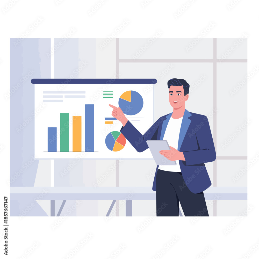 Fototapeta premium Professional man presenting business analytics and data visualizations on a screen