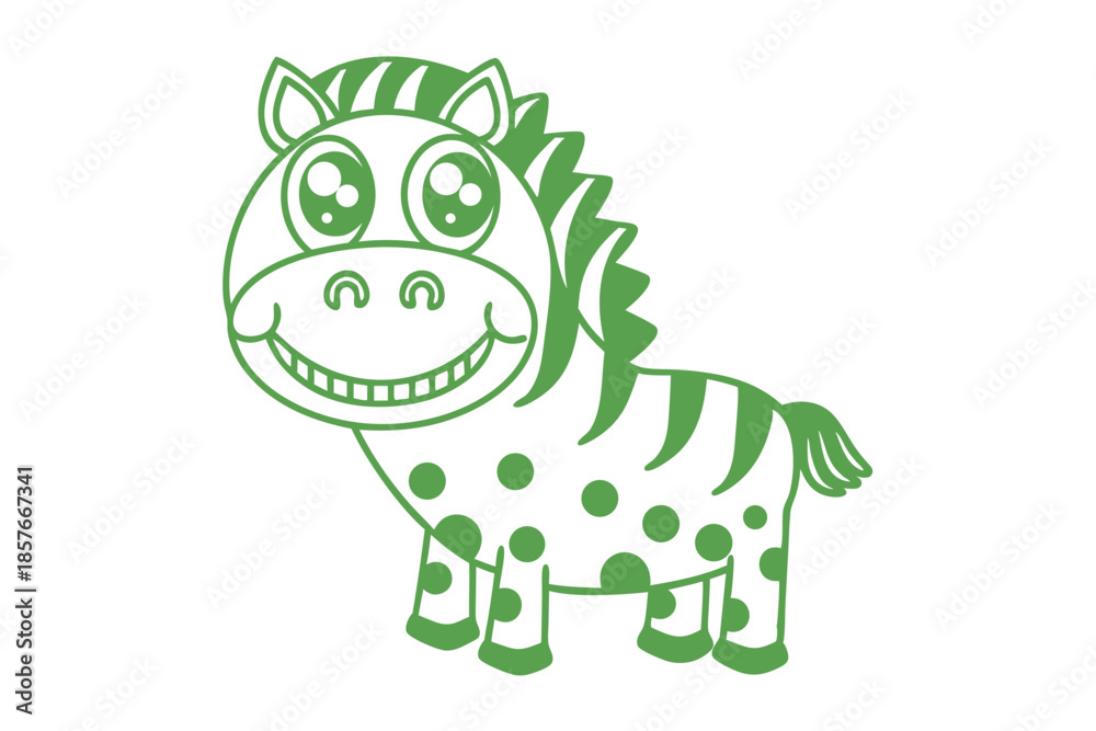 Fototapeta premium Joyful green polka dotted zebra smiles with big, expressive eyes looking cheerfully towards you