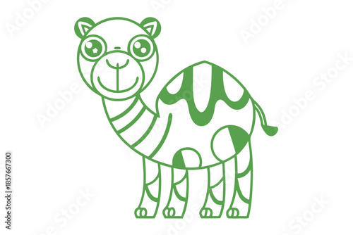 Happy stylized dromedary camel with green outline stands facing forward cheerfully on a white background