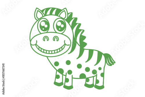 Joyful green polka dotted zebra smiles with big, expressive eyes looking cheerfully towards you