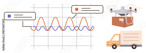 Data graph with fluctuating lines and annotations, delivery quadcopter carrying a package, and truck image. Ideal for logistics, data insight, innovation, efficiency, transport, analysis